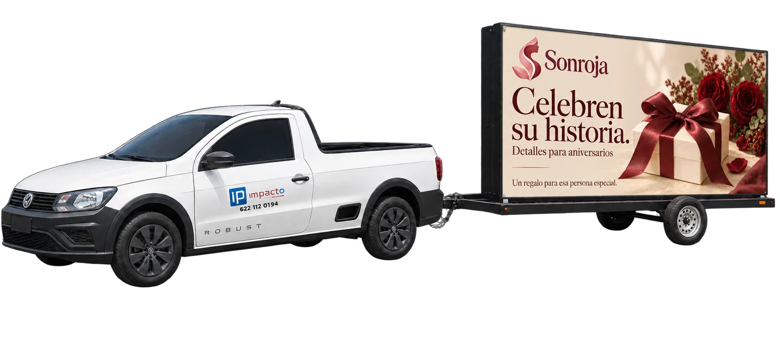 Camioneta de Impacto Publicidad con la valla móvil y un anuncio de ejemplo